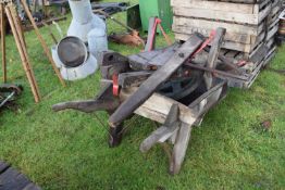 A wooden wheel barrow together with various sundry attachments