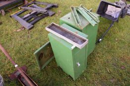 A sectional iron two cabinet tool box, possibly formerly tractor attached, in John Deere green