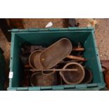 Large green box of various assorted tools, cast metal pots etc