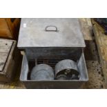 Galvanised box containing vintage paraffin heater etc