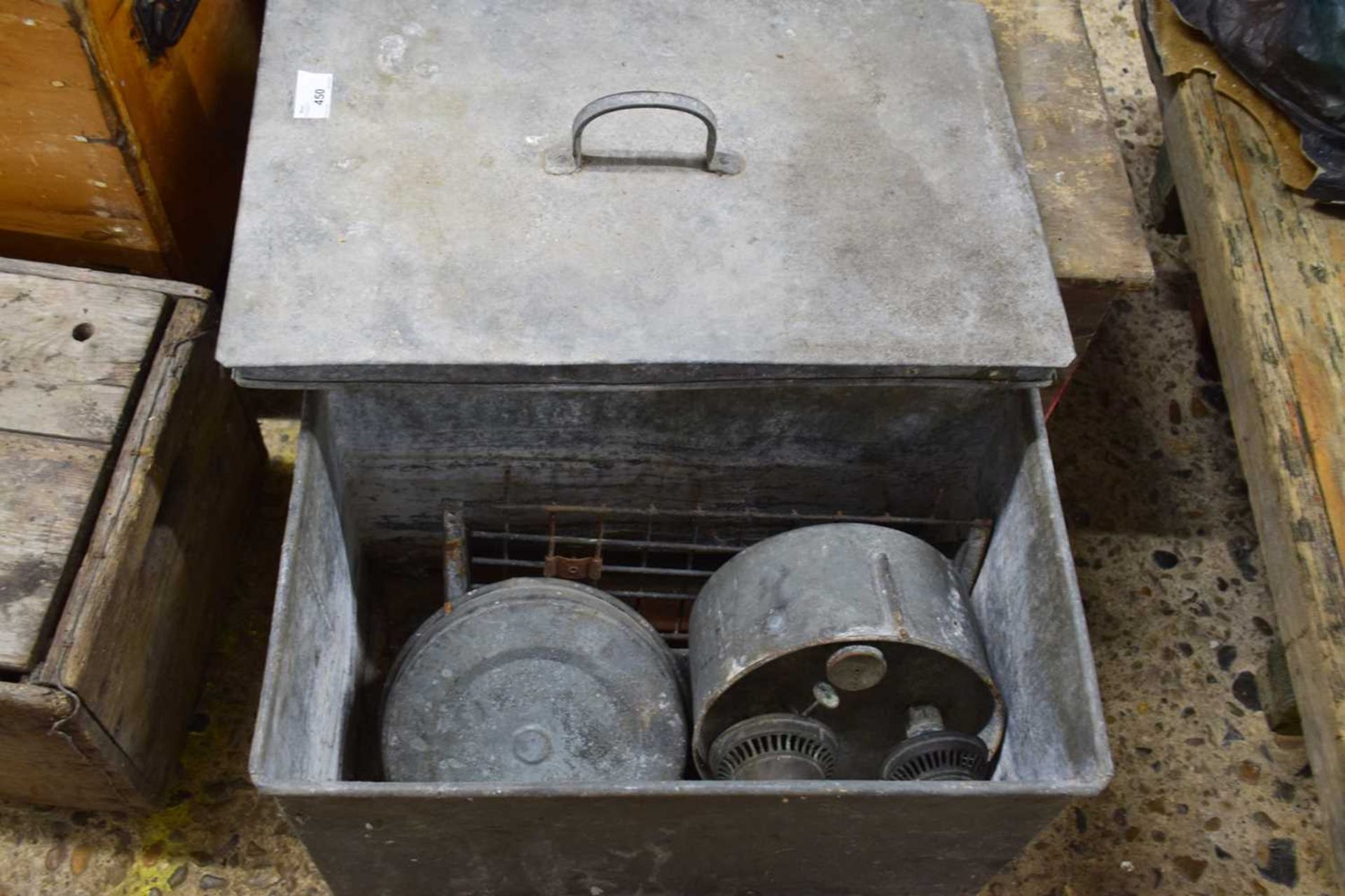 Galvanised box containing vintage paraffin heater etc