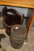 Wooden well bucket together with a small metal bound barrel