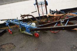 Two furrow iron plough by Goole XLRN, Lincoln, blue and red painted body with wooden handles