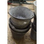 Quantity of galvanised buckets plus a large blue painted bucket