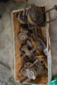 Metal box containing bench grinder, and other items
