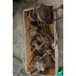 Metal box containing bench grinder, and other items
