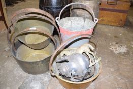 Mixed Lot: brass jam pans, horseshaped doorstop, galvanised bucket etc
