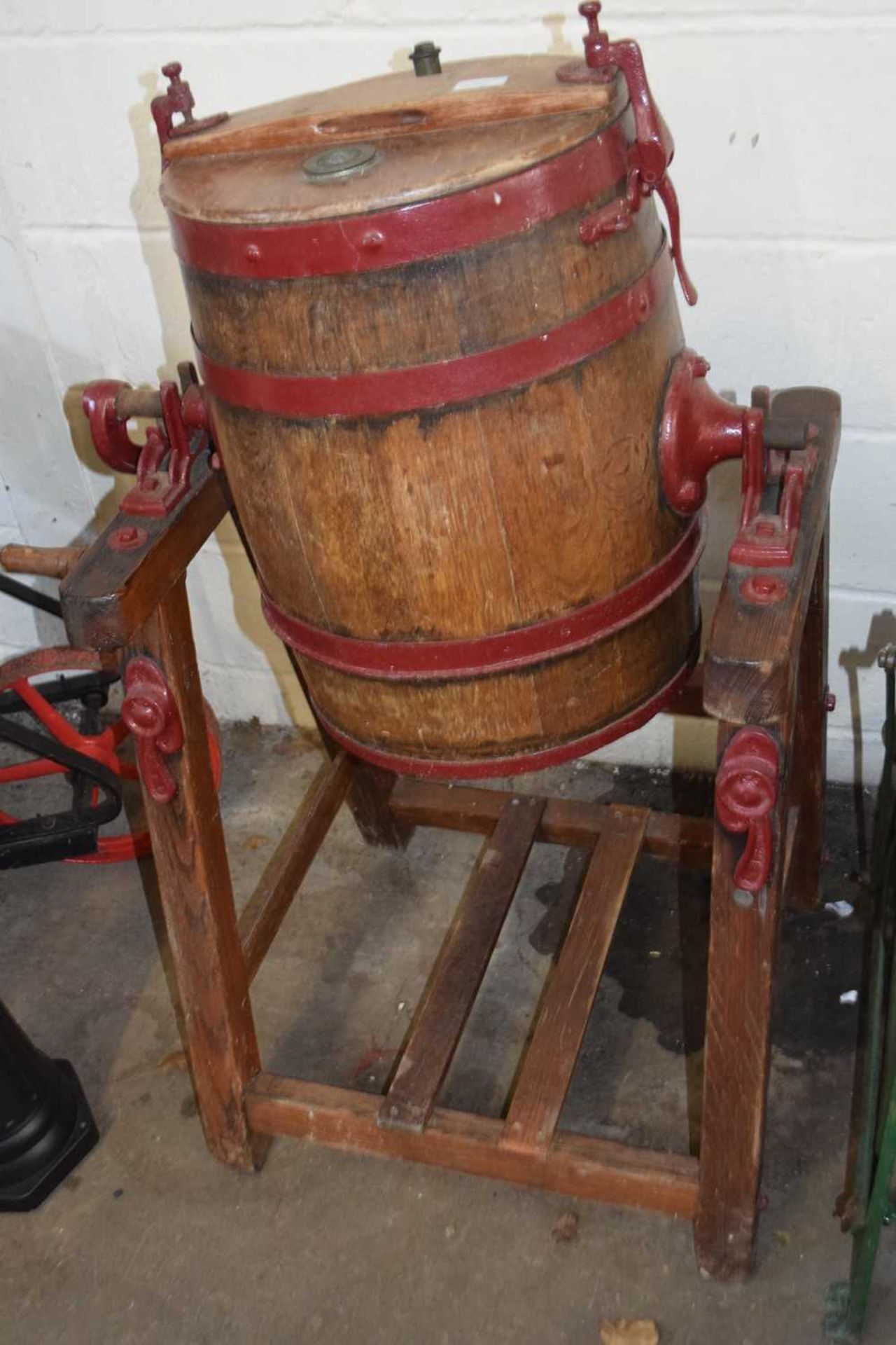 Wooden framed and iron mounted churn