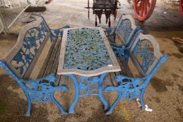 Modern cast iron and hardwood garden table with bench and two chairs