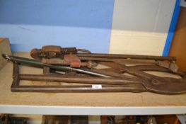 Mixed Lot various iron tools to include blacksmith's items, large wrench etc