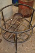 Mixed Lot: small cast iron feeder, a vintage oil drum and a circular cast iron stand (3)