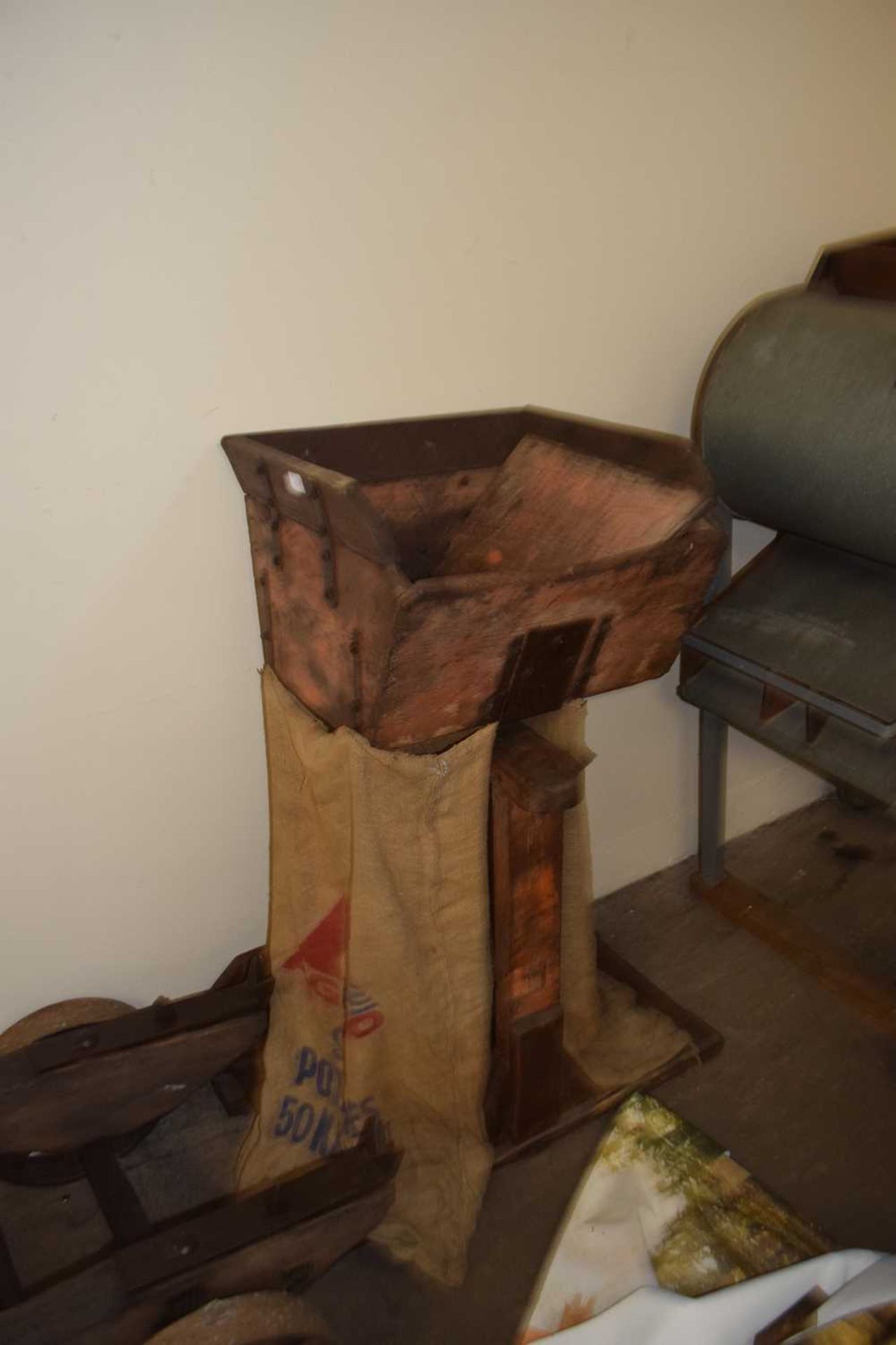 Vintage wood and iron mounted sack loading funnel with plinth base