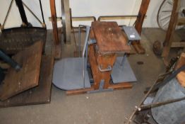 Pair of grey painted iron and oak mounted sack scales