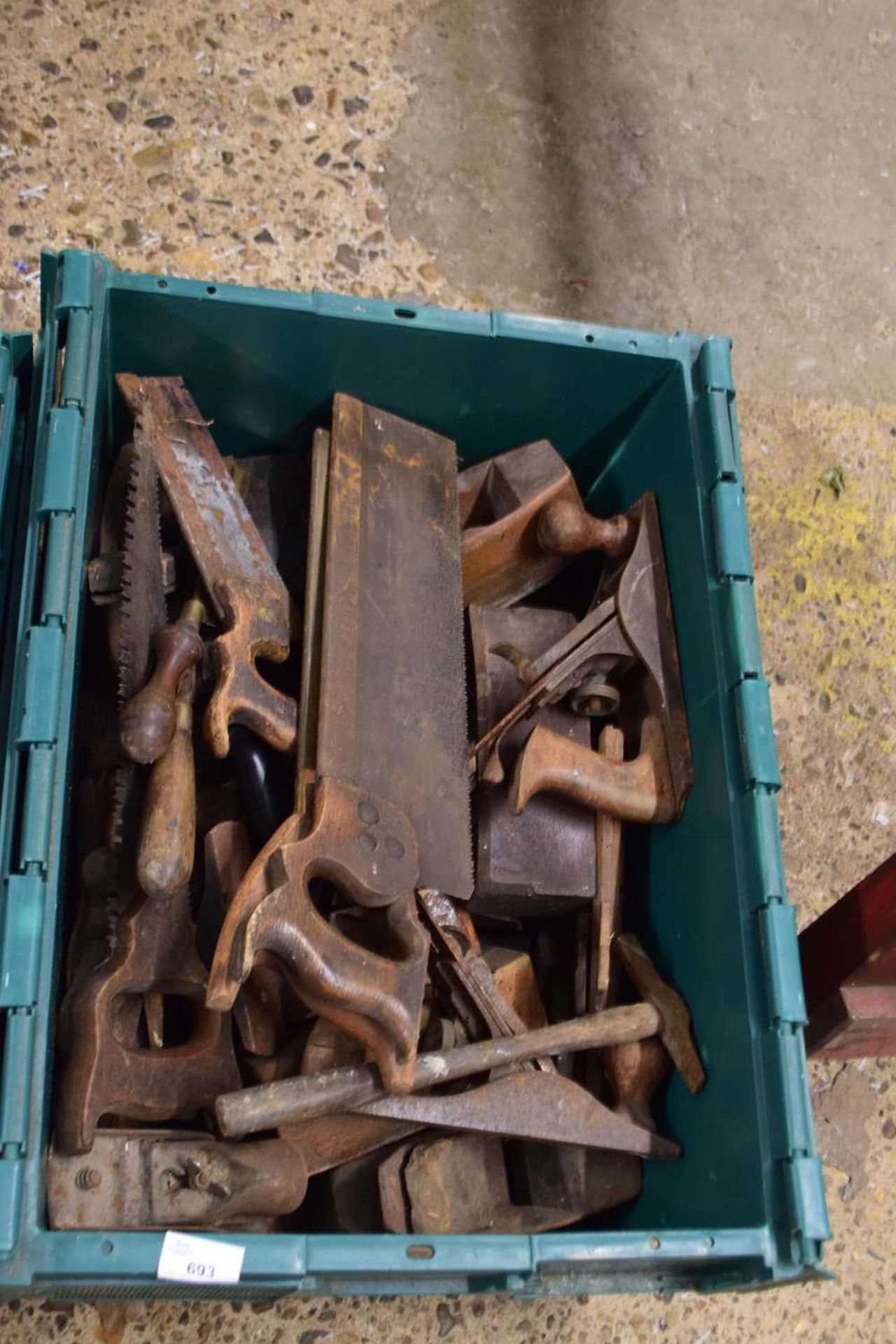 Large box of various saws, planes etc