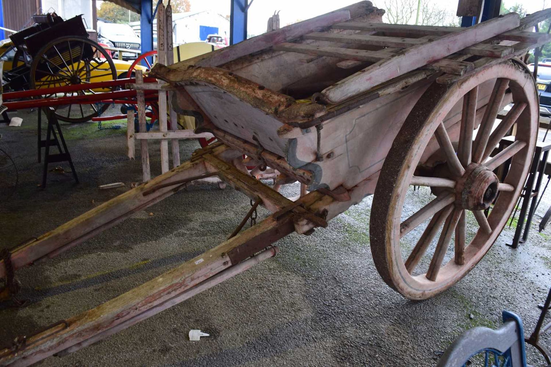 Large single axle farm cart with iron mounted wheels, maker's plate rubbed
