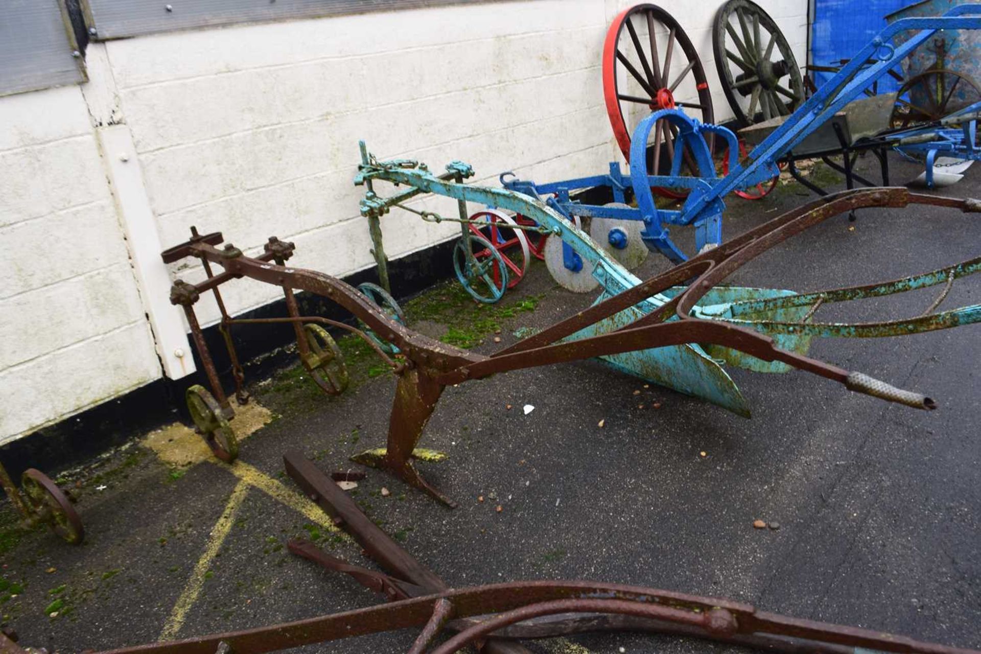 An iron framed single furrow horse drawn plough, for restoration - Image 2 of 2