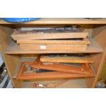 Five various display boards of chisels, saws and woodworking tools