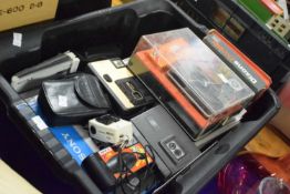 Box of various camera equipment to include a Sony Handicam and various others