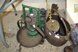 Mixed Lot: Iron boiling pot, storm lanterns, cream skimmer and other items
