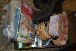 Box of various house clearance sundries to include commemorative newspapers, binoculars, wicker bag,
