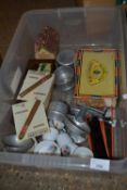 Box of mixed items to include royalty tea set, glass magic lantern slides, Havana Cigar