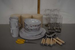 Mixed Lot: Various assorted dinner wares, kitchen storage jars, drinking glasses etc
