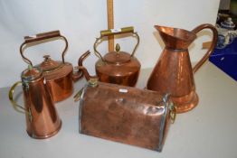 Mixed Lot: Various copper wares including copper kettles, hot water bottle, jugs etc