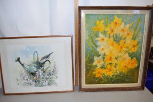 Mixed Lot: Oil on board study of daffodils together with a further coloured print