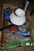 One box of various house clearance ceramics, glass wares, cake stands etc