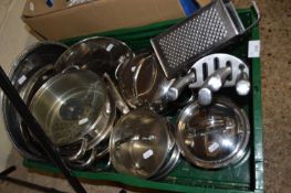 Box of various steel kitchen wares