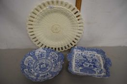 Wedgwood lattice work cream ware plate together with two further blue and white bowls marked