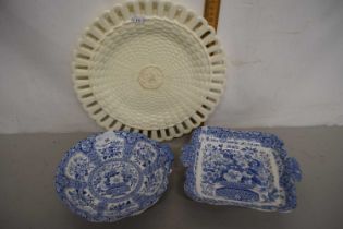 Wedgwood lattice work cream ware plate together with two further blue and white bowls marked