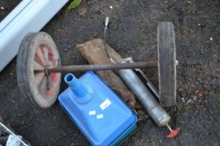 Mixed Lot: Funnels, grease gun and two wheel axle etc