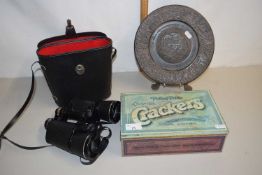 Mixed Lot: Cased binoculars, biscuit box and a Greek plate