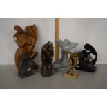 Mixed Lot: Six various modern wood, composition and bronze effect metal figurines and abstract