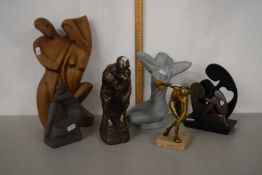Mixed Lot: Six various modern wood, composition and bronze effect metal figurines and abstract