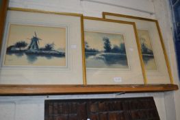 Group of three monochrome watercolour studies of river scenes, framed and glazed