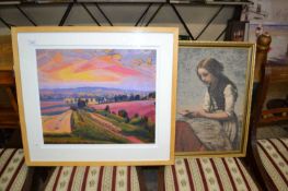 Coloured print of a sunset scene together with a further fabric picture (2)