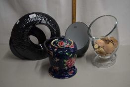 Mixed Lot: Abstract black glazed ornament, two Art Glass vases and a further biscuit barrel