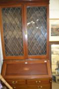 Edwardian mahogany bureau bookcase cabinet with lead glazed top section