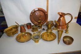 Mixed Lot: Various assorted brass and copper wares to include, jug, vases, chestnut roaster, various
