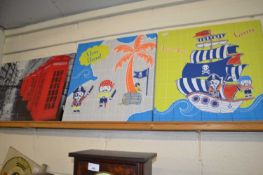 Two modern screen prints of cartoon pirates together with a screen print of red telephone boxes (3)