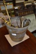 Small brass bucket, various fire tools, wind chimes etc