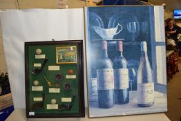 Reproduction montage picture of St Andrews Golf together with a coloured print of wine bottles