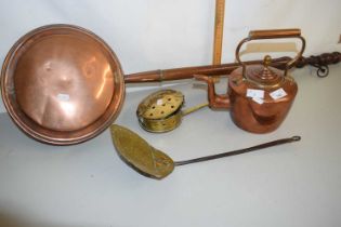 Mixed Lot: to include a brass cream skimmer, copper kettle, copper bed warming pan etc