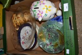 Box of mixed ceramics and glass ware to include a large piggy bank