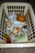 Basket of various glass and ceramics