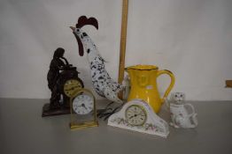 Mixed Lot: Three various mantel clocks, a chicken ornament, a jug etc