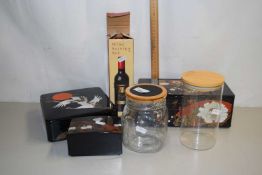 Mixed Lot: Modern Oriental black lacquered boxes, wine serving set, storage jars etc