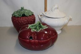 Three modern porcelain tureens formed as fruits together with two ladles (5)